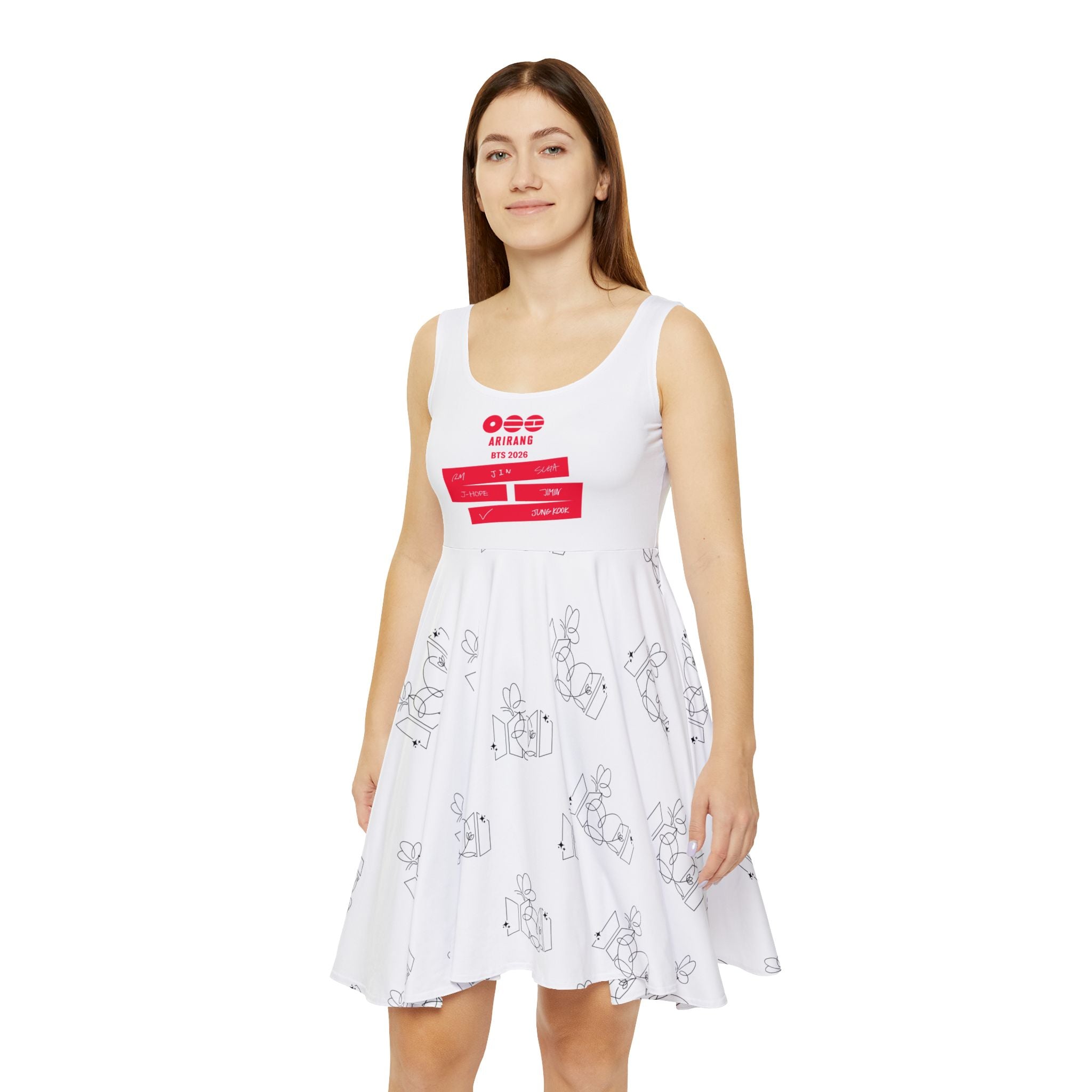 BTS 2026 Arirang Skater Dress — "We Are Back" Graphic White AOP Dress with Playful Line-Art Print