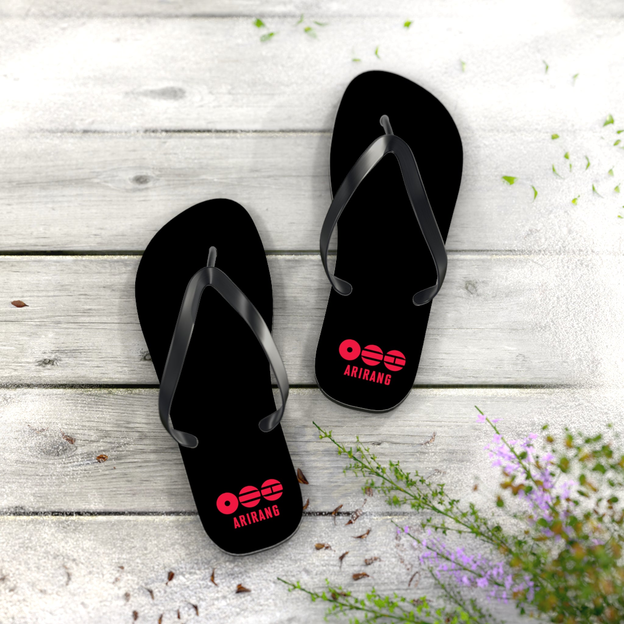 BTS 2026 Arirang Logo Flip Flops — Minimal Black Beach Sandals