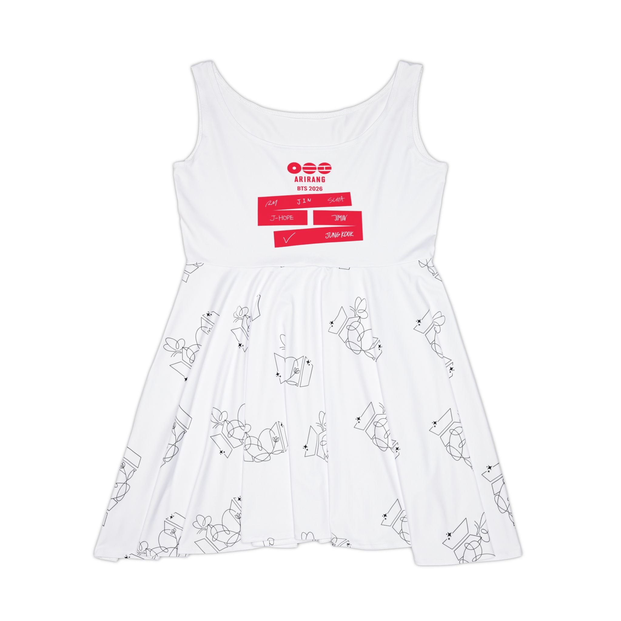 BTS 2026 Arirang Skater Dress — "We Are Back" Graphic White AOP Dress with Playful Line-Art Print